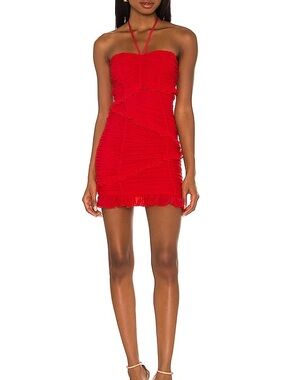 MAJORELLE Red Ruched Halter Mini Dress
